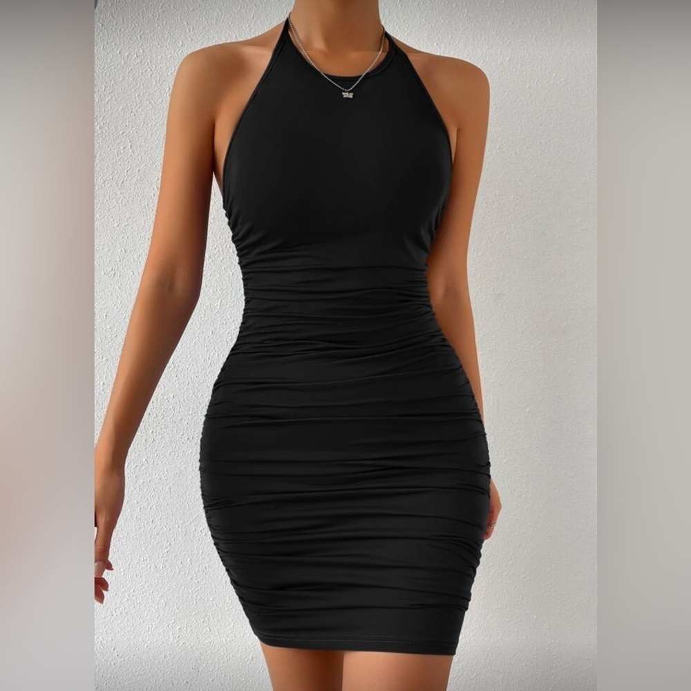 Shein|Black Ruched Halter Y2K Dress|Large|Like New